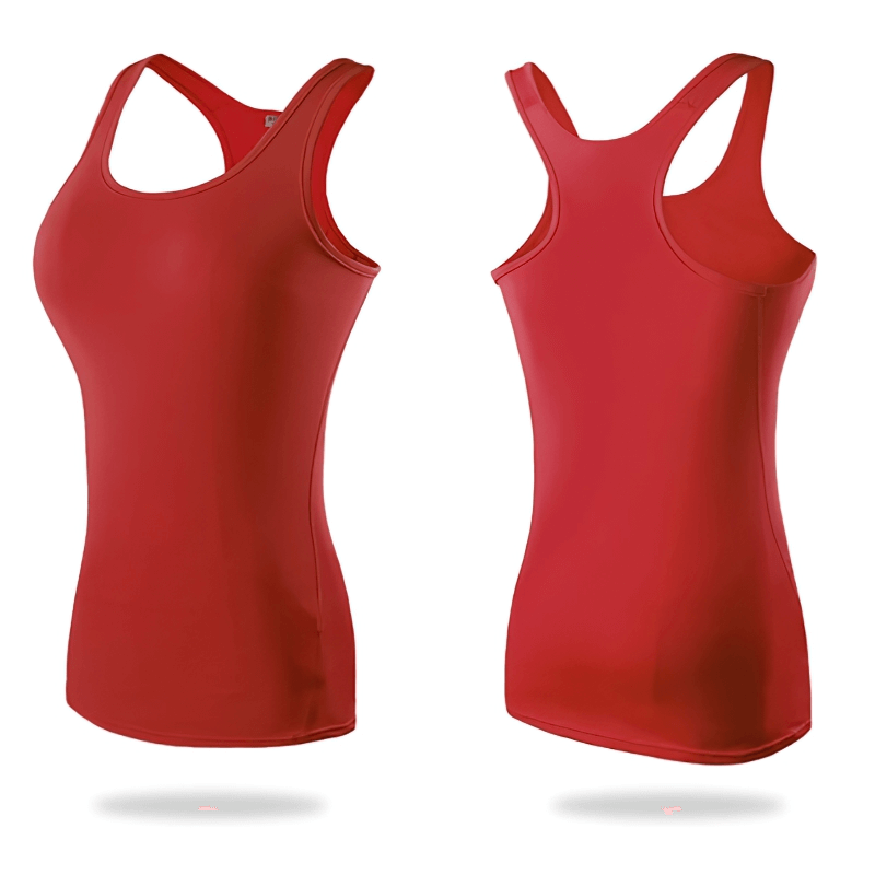 Red elastic women's gym tank top with fitted design for optimal movement, made from breathable polyester and spandex.